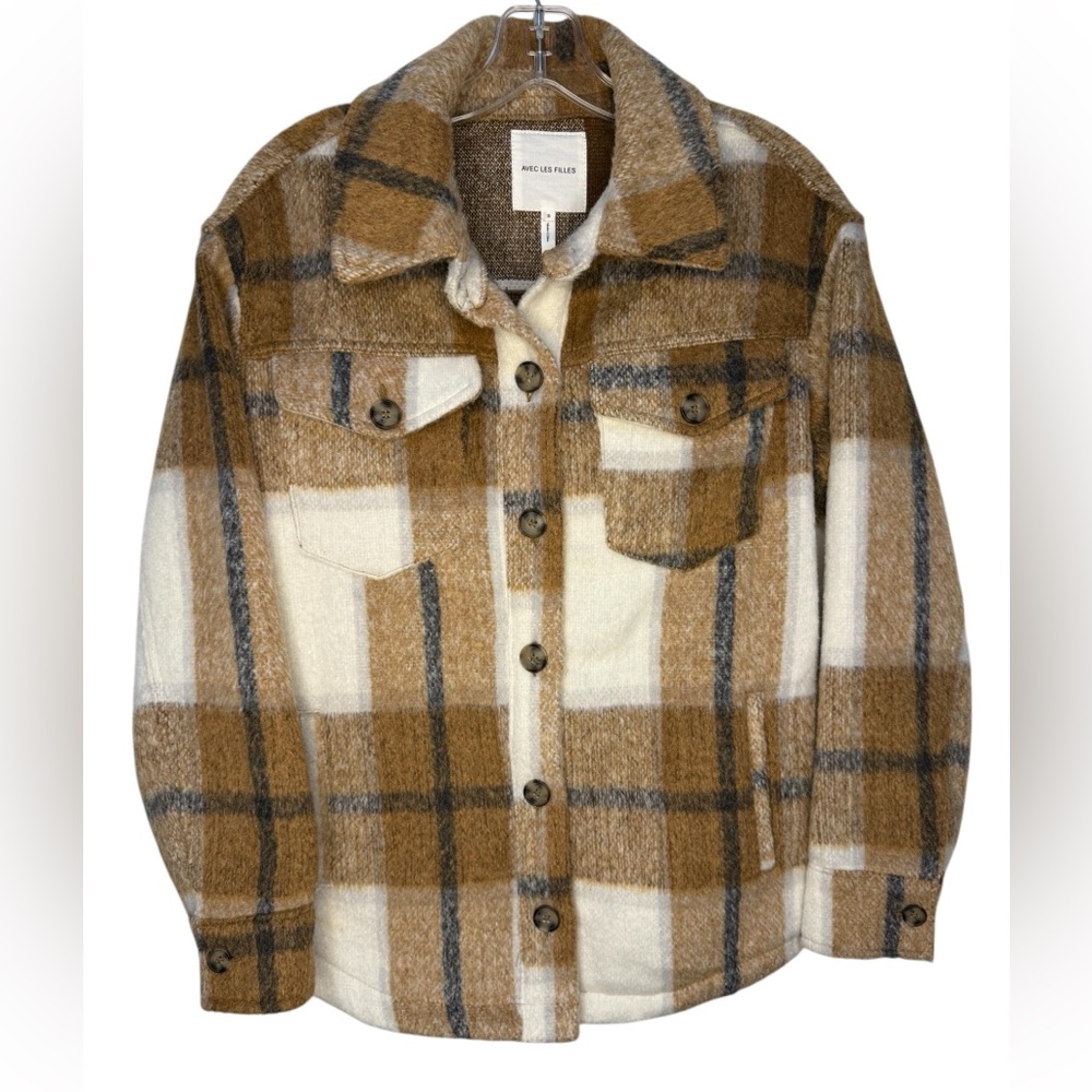 Avec Les Filles Anthropologie Plaid Shacket Jacket Button Up Brown Cream - Small